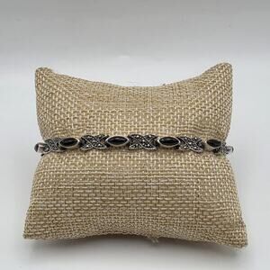 Vintage Sterling Silver 925 Black Onyx Marcasite Thai Tennis Bracelet 7"